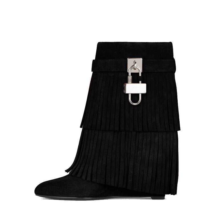 QAMRA Lock Detailed Fringed Suede Wedged Heel Ankle Boots