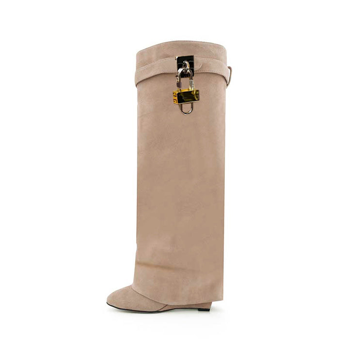 QAMRA Lock Detailed Suede Wedged Heel Knee High Boots