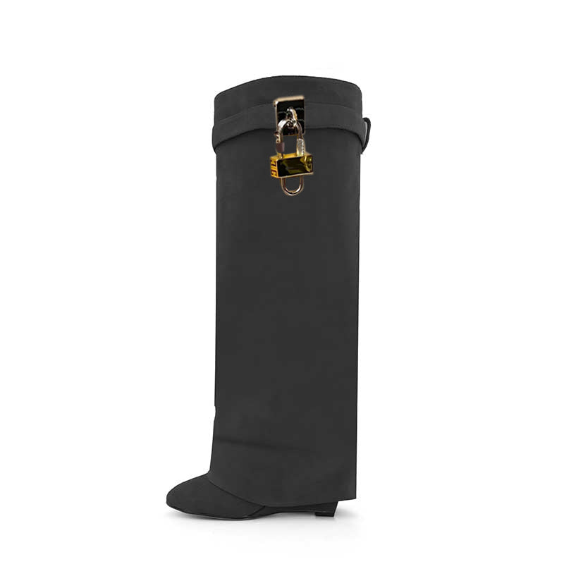 QAMRA Lock Detailed Suede Wedged Heel Knee High Boots