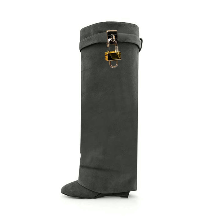 QAMRA Lock Detailed Suede Wedged Heel Knee High Boots